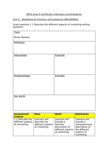 VCERT Business - Marketing Unit 1.1 Revision Worksheet