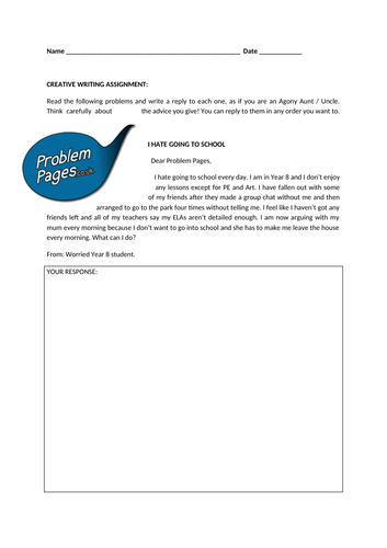 Detention work - Problem Pages creative writing short exercises