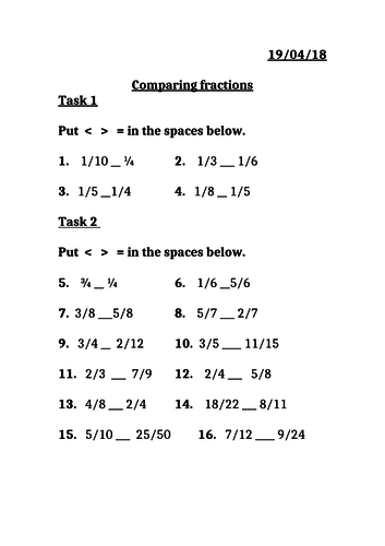 Comparing fractions year 3 or higher MASTERY