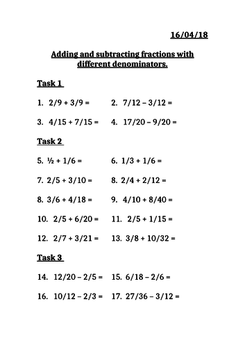 Adding and subtracting fractions with different denominators MASTERY