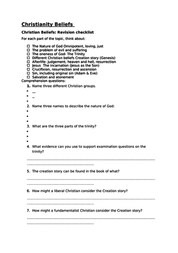 AQA RE GCSE Christianity Revision Checklists and Comprehension Questions