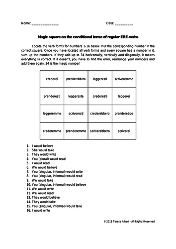 Italian Conditional Tense Conjugation Magic Square Fun No Prep 
