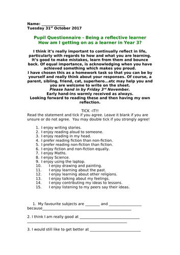 KS2 Self Reflection Pupil Questionnaire