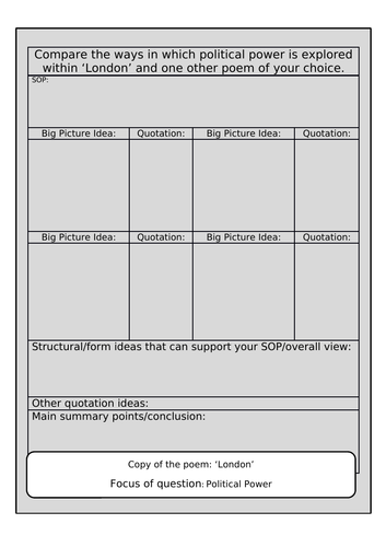 Revision Planning Grids with Questions (x4) for AQA GCSE English Literature Power and Conflict