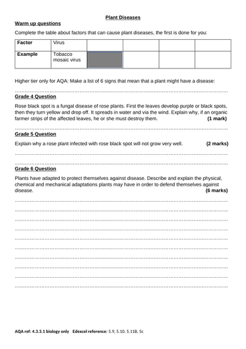 GCSE Biology Plant diseases worksheet with answers