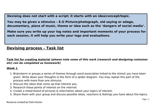 Devising Process - List of tasks for 10 week project