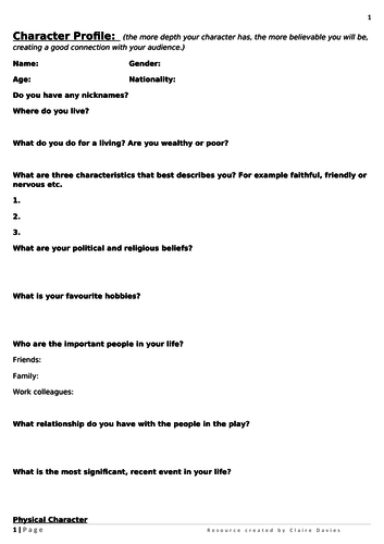 Character profiling task handout