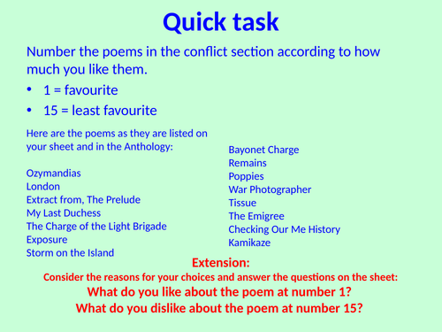 AQA Comparative poetry - revision lesson on students'  least favourite poem