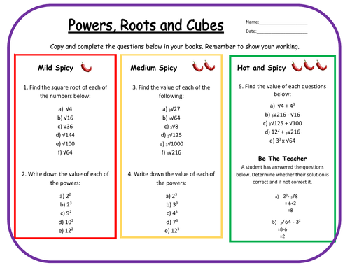 Powers, Roots and Cubes Differentiated Worksheet | Teaching Resources