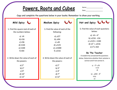 Powers, Roots and Cubes Differentiated Worksheet