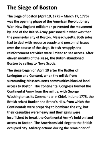 The Siege of Boston Handout