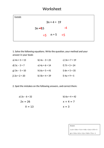 Solving equations. 2 Step, 3 step, brackets one side and both sides. With answers.