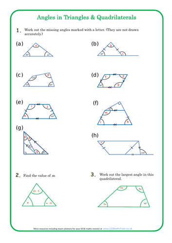 Angles In Triangles And Quadrilaterals Homework Sheet Solutions Teaching Resources