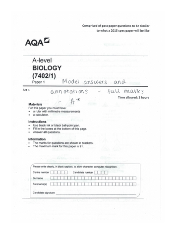 A* Model answers & annotations for A level biology AQA practice paper 1 - exam technique ...
