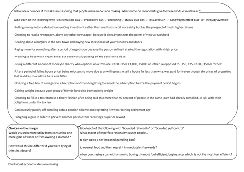 AQA A-level Economics Individual economic decision making behavioural economics knowledge organiser