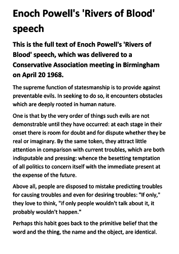 Enoch Powell S Rivers Of Blood Speech Handout Teaching Resources