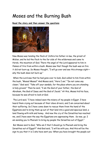 moses and the burning bush comprehension worksheet teaching resources