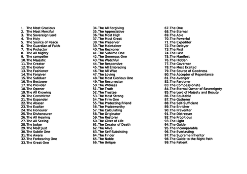99 Names Of Allah In English Teaching Resources
