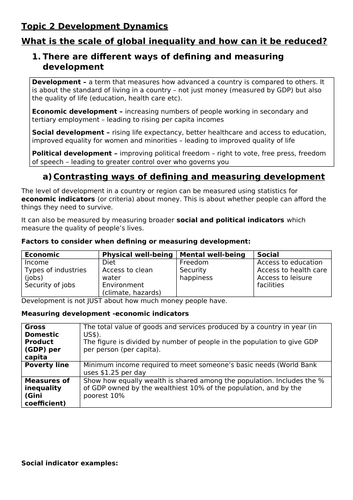Edexcel B GCSE 9-1 Geography Topic 2 Development Dynamics independent work booklet