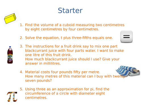 Three sets of wordy starter Questions. KS3 or GCSE Foundation.