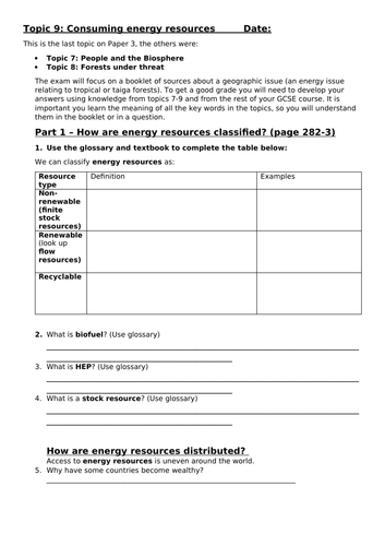 Edexcel B Geography GCSE 9-1 Topic 9 Consuming energy resources independent work booklet