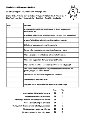 GCSE Circulation and Transport Revision Worksheet