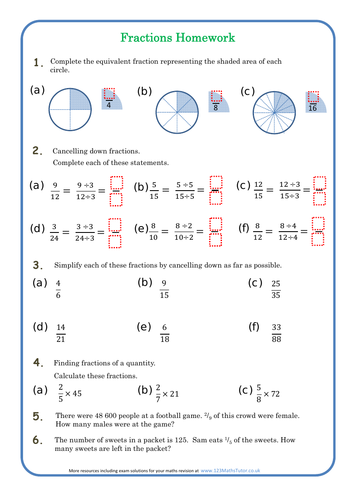 Fractions Homework Sheet - Equivalent, cancelling, fractions of amounts ...