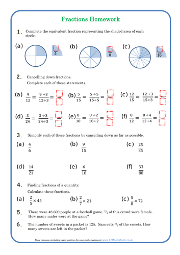 Fractions Homework Sheet - Equivalent, cancelling, fractions of amounts  + includes solutions.