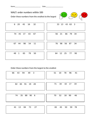 Ordering Numbers Within 100 100 And With Decimals Teaching Resources