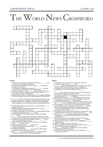 The World News Crossword - April 22nd, 2018