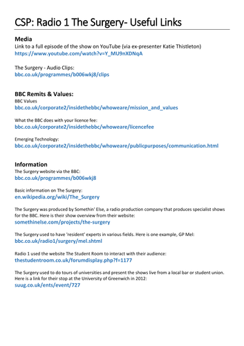 BBC R1 The Surgery CSP - AQA A-Level Media Studies - Radio Close Study Product
