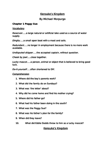 Kensuke's Kingdom reading log, plus cross curricular activities based on the book