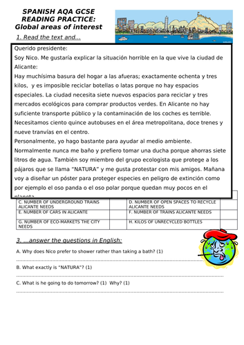 SPANISH GCSE READING PRACTICE / REVISION - ENVIRONMENT