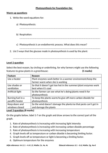 GCSE Biology Photosynthesis revision worksheet
