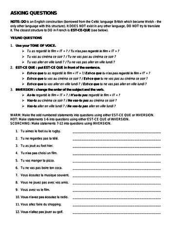 French GCSE How to ask questions worksheet
