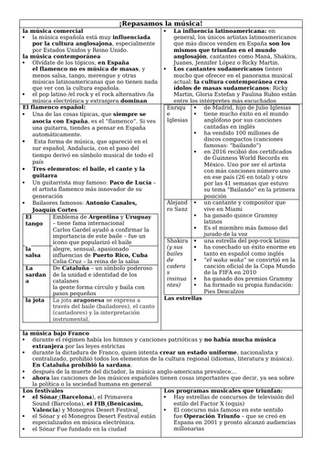 Spanish A Level la música: topic revision sheet with key cultural references for speaking