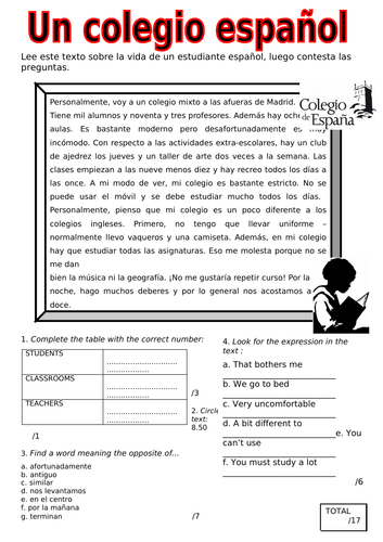 SPANISH GCSE SCHOOL LIFE READING sheet