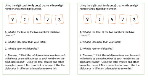 Mental Addition - Reasoning with digit cards.