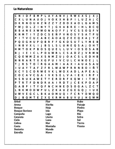 naturaleza nature in spanish wordsearch teaching resources