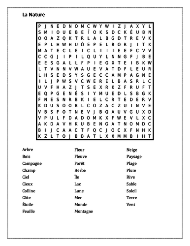 Nature in French Wordsearch