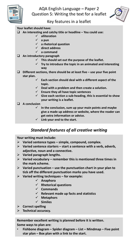 GCSE Revision AQA English Language Paper 2 - Different Types of Writing Checklists and Questions
