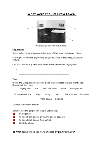 Civil Rights Jim Crow Laws Differentiated Tasks