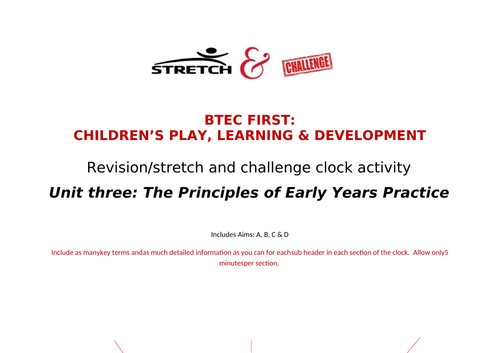 Unit three revision clock activity: The Principles of Early Years Practice: Btec First CPLD