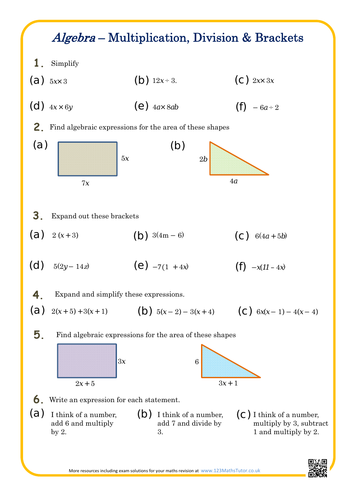 Algebra homework - multiplication/division of algebraic terms. Single Brackets - Includes Solutions.