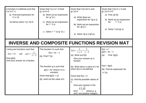Inverse and composite functions revision mat
