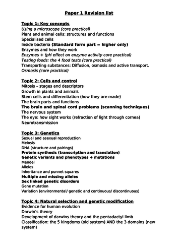 Edexcel biology paper 1 and paper 2 revision lists (foundation and higher)