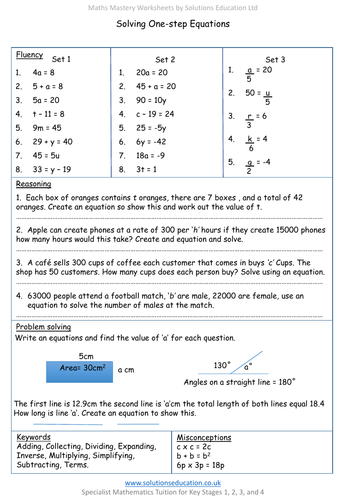 Solving 1 Step Equations Mastery Worksheet