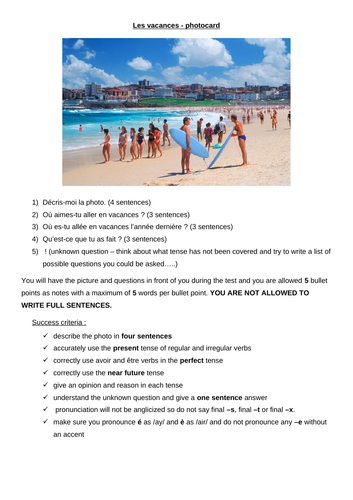 Year 8/9 Holiday Speaking practice or assessment