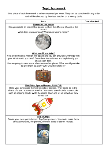 Space themed topic homework menu