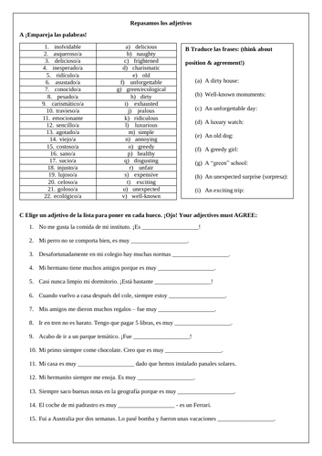 Spanish GCSE Building a range of adjectives revision & agreement practice